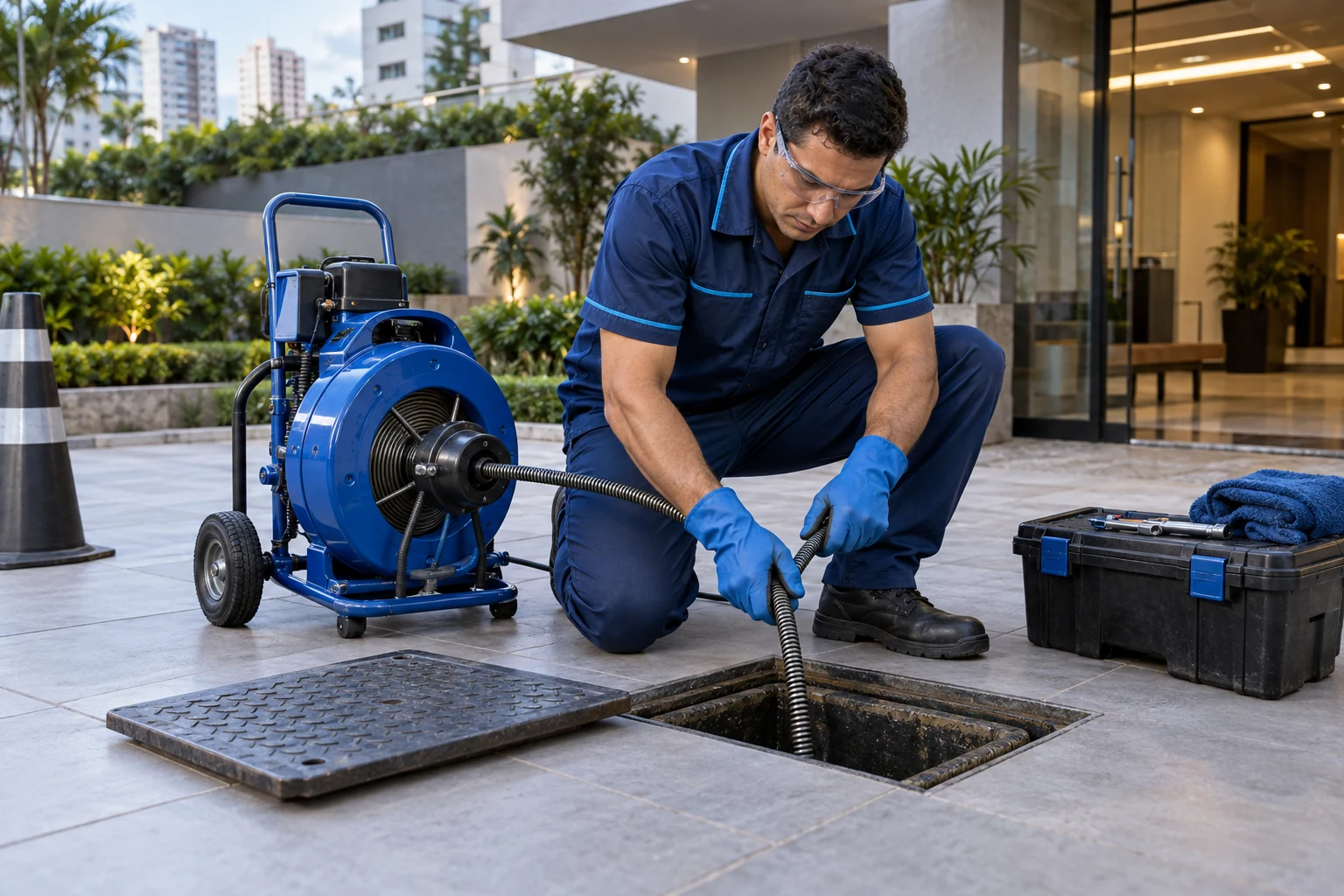 Desentupimento de esgoto com máquina profissional