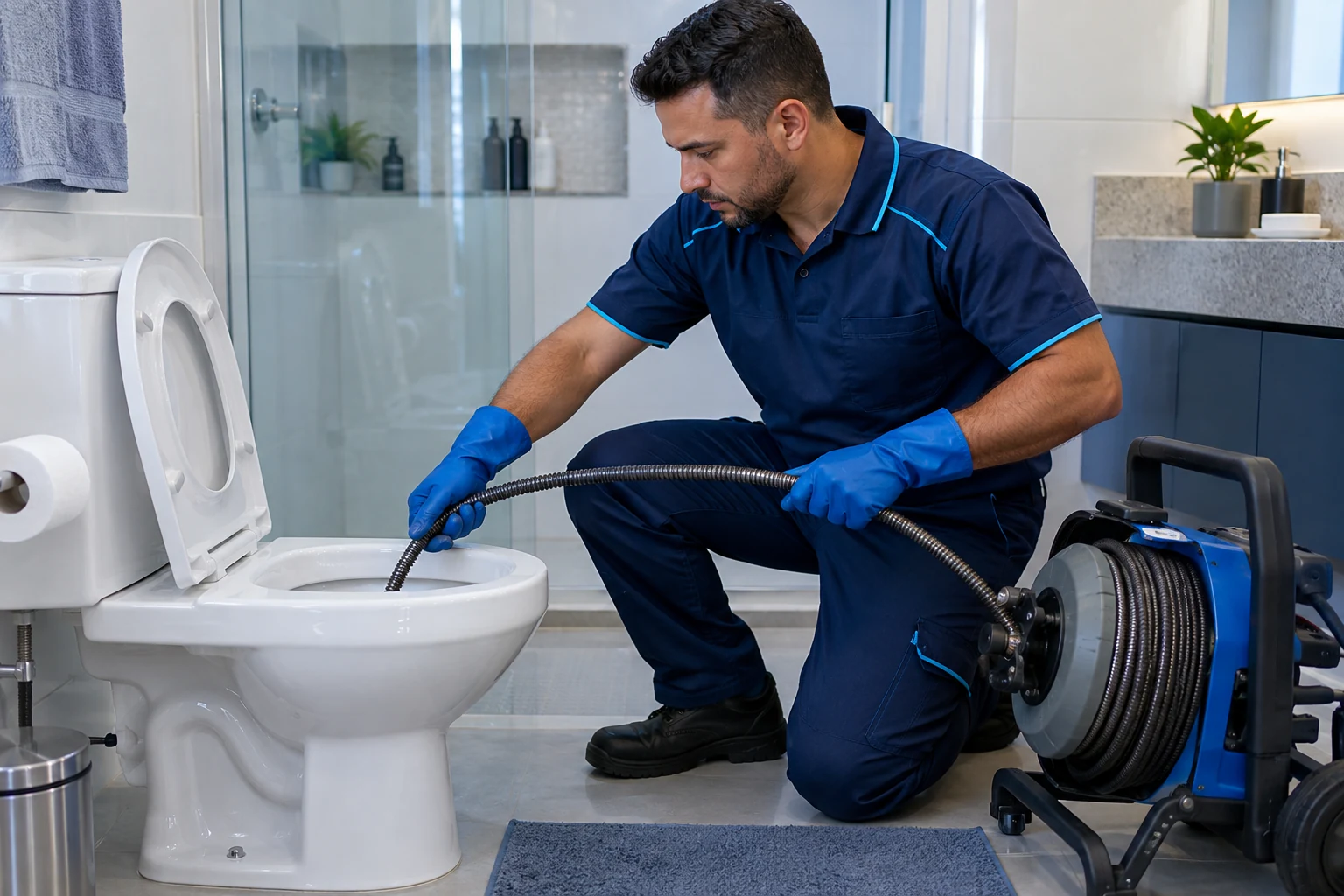Técnico realizando desentupimento de vaso sanitário